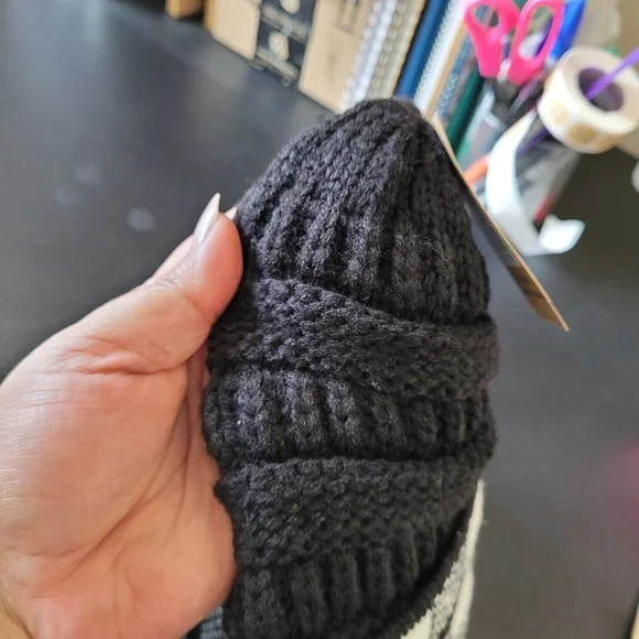 C.C Black and White Checkered Pattern Crochet Knit Beanie - Picture 3 of 6